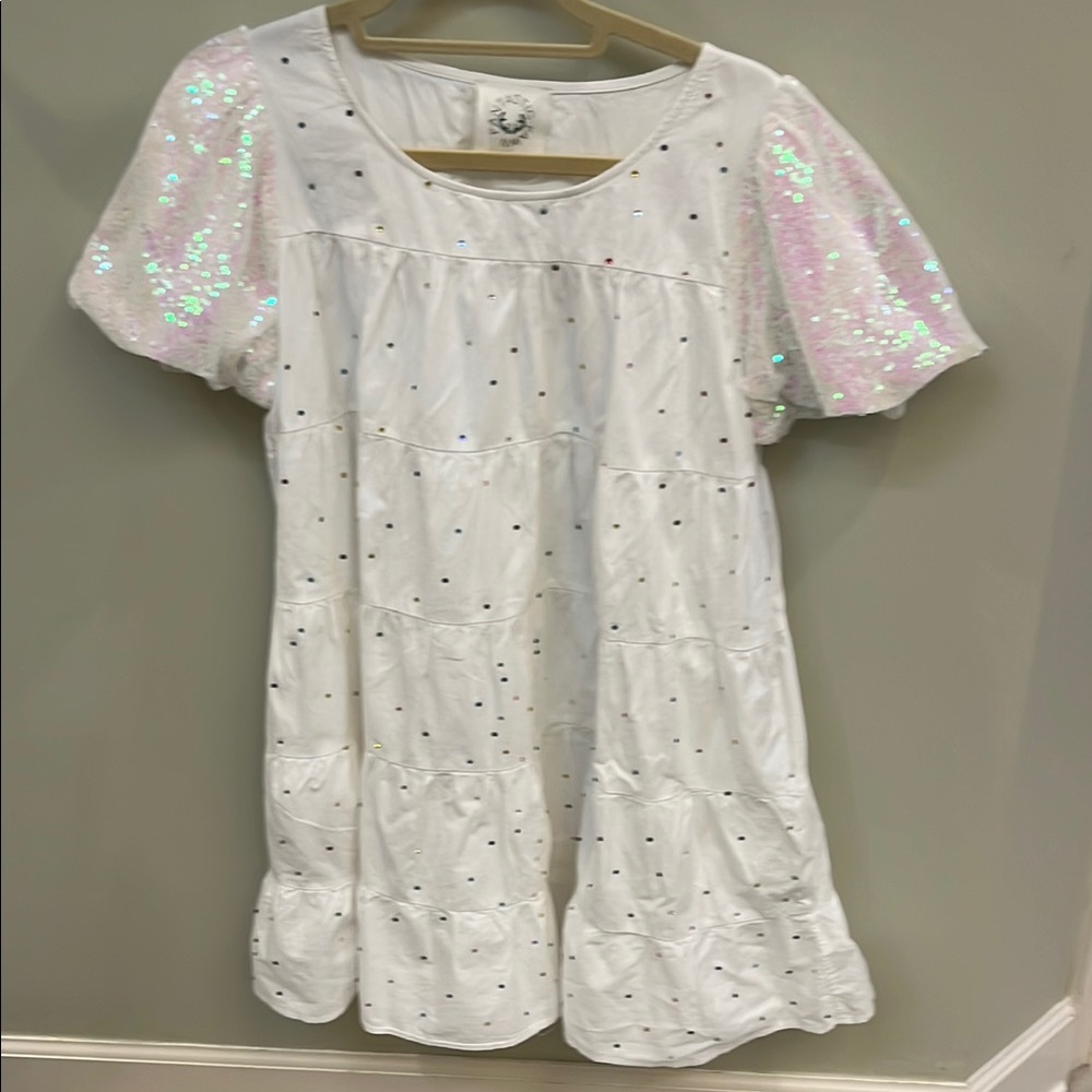 FUN White Sequin Short Sleeve Dress